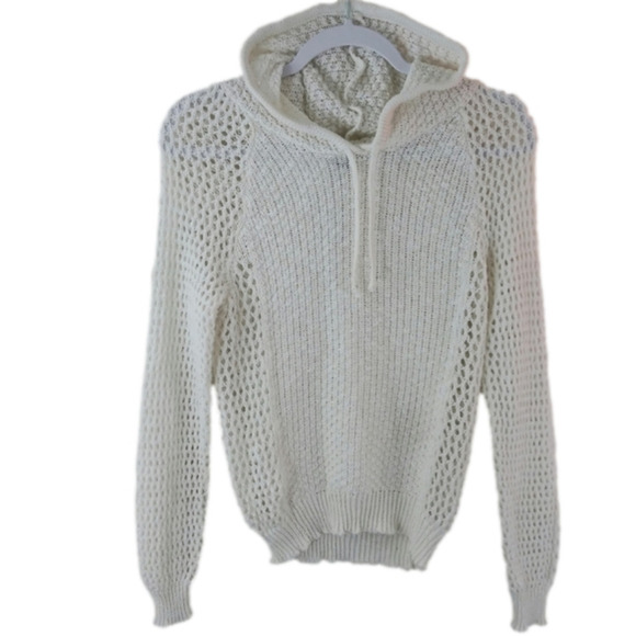 Poof! White Crochet Knit Long Sleeve Pullover Drawstring Neckline Hoodie Top - Picture 1 of 8